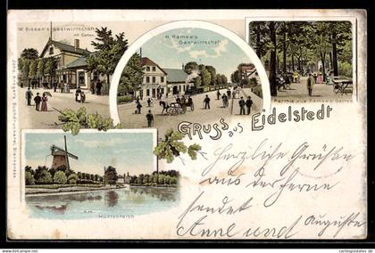Lithographie Hamburg-Eidelstedt, W. Bissen`s Gasthaus, H. Ramke`s Gasthaus, Windmühle am Mühlenteich