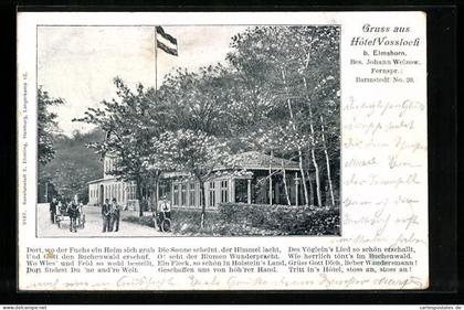 AK Elmshorn, Hotel Vossloch J. Welzow mit Strasse und Kutsche, Dame mit Fahrrad