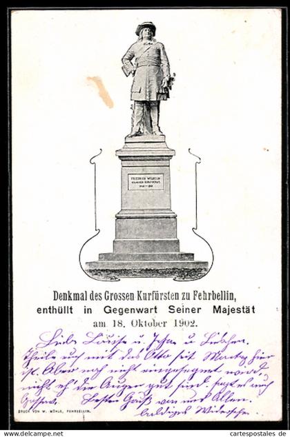 AK Fehrbellin, Denkmal des Grossen Kurfürsten, enthüllt 1902