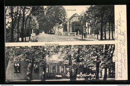 AK Fehrbellin, Schleuse mit Strasse und Gasthaus Schützenhaus mit Gästen