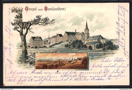 Lithographie Bonlanden / Filderstadt, Panorama des Ortes mit Kirche