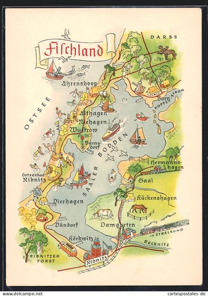 AK Born / Darss, Landkarte vom Fischland Darss und Umgebung