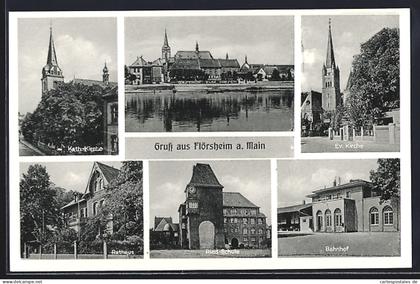 AK Flörsheim a. Main, Kath. Kirche, Ev. Kirche, Rathaus, Ried-Schule, Bahnhof