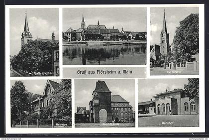 AK Flörsheim a. Main, Kath. Kirche, Rathaus, Bahnhof, Ried-Schule, Ev. Kirche