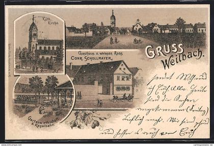 Lithographie Weilbach /Flörsheim, Kath. Kirche, Gasthaus z. weissen Ross, Gartenwirschaft und Kegelbahn