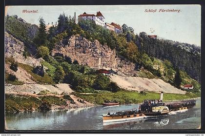 AK Fürstenberg /Weser, Schloss mit Flusspartie und Dampfer