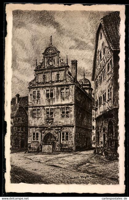 Künstler-AK Gemünden a. Main, Rathausplatz mit Rathaus