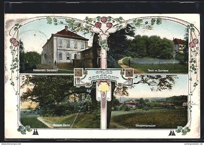 AK Gersdorf, Restaurant, Teich mit Schloss, Grosse Eiche, Gesamtansicht