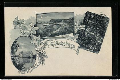 AK Glücksburg, Schloss, Strandhotel, Denkmal