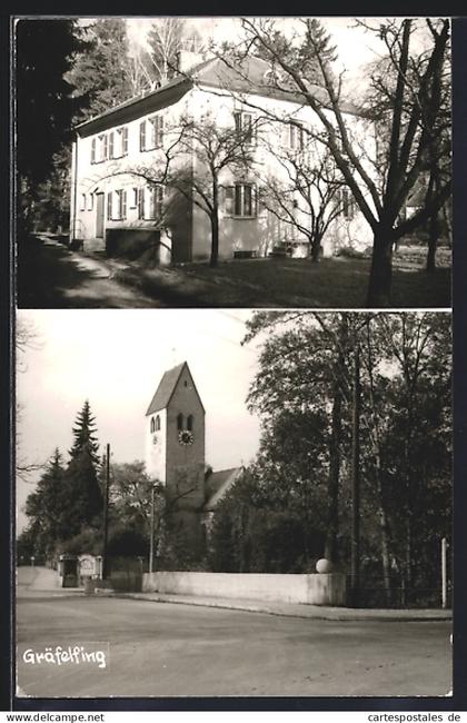 AK Gräfelfing, Strassenpartie an der Kirche, Haus im Wald