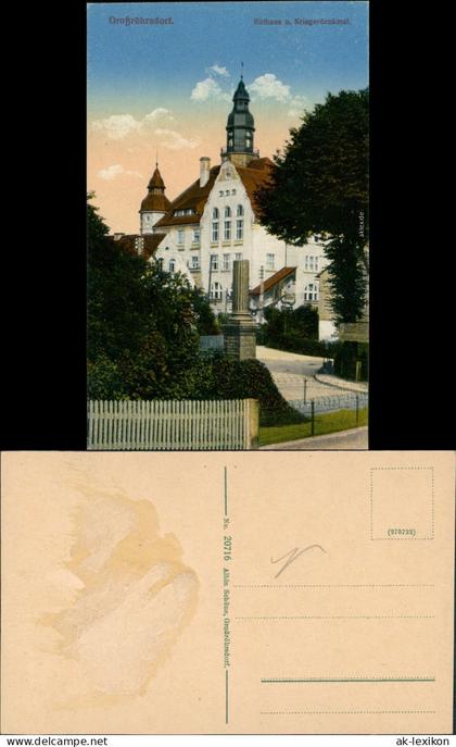 Ansichtskarte Großröhrsdorf Kriegerdenkmal und Rathaus 1915