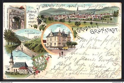 Lithographie Grünstadt / Pfalz, Ortsansicht, Post, Martins-Kirche