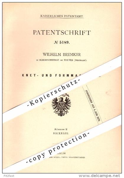 Original Patent - Wilhelm Bremker in Schöneberge b. Halver , 1878 , Knet- und Formmaschine , Bäckerei , Bäcker  !!