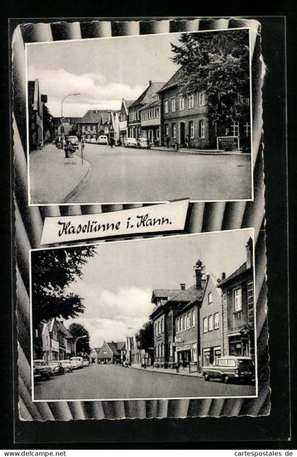 AK Haselünne i. Hann., Strassenpartien mit geparkten VW-Käfern