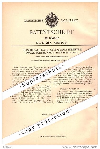 Original Patent - Oscar Schleicher in Heinsberg , Rheinland , 1906 , Korb-Flechtmaschine , Korbflechterei !!!