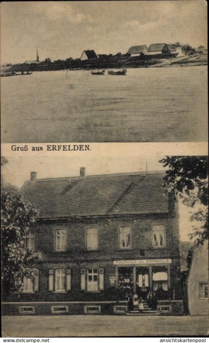 CPA Erfelden Riedstadt Hessen, Kaufhaus Jul. Sternfels, Teilansicht, Rhein