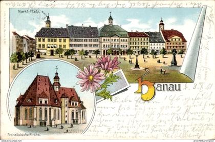 Lithographie Hanau im Main Kinzig Kreis Hessen, Marktplatz, Französische Kirche