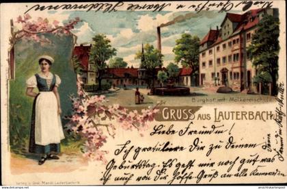 Lithographie Lauterbach an der Lauter Vogelsbergkreis, Burghof mit Molkereischule