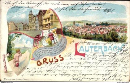Lithographie Lauterbach an der Lauter Vogelsbergkreis, Strumpf verloren, weinendes Kind, Panorama