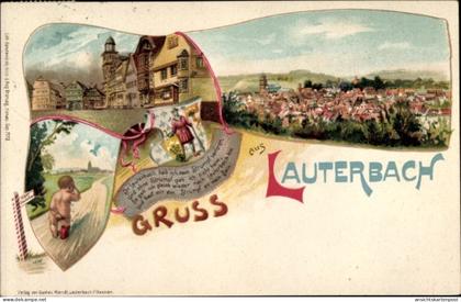 Lithographie Lauterbach an der Lauter Vogelsbergkreis, Strumpf verloren, weinendes Kind, Panorama