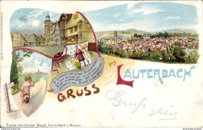 Lithographie Lauterbach an der Lauter Vogelsbergkreis, Strumpf verloren, weinendes Kind, Panorama