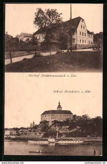 AK Niederlommatzsch a. Elbe, Gasthof Niederlommatzsch, Dampfer passiert Schloss Hirschstein