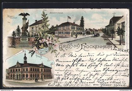 Lithographie Hockenheim, Bahnhofstrasse, Rathaus, Kriegerdenkmal