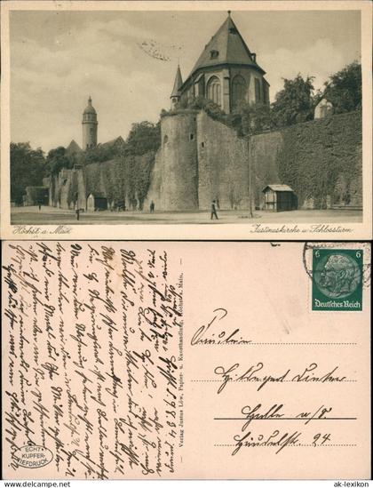 Ansichtskarte Höchst-Frankfurt am Main Justinuskirche u. Schlossturm 1936