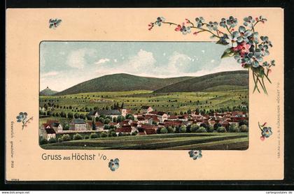 Präge-Lithographie Höchst i. O., Teilansicht mit Kirche