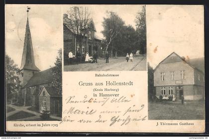 AK Hollenstedt /Kreis Harburg, Gasthaus J. Thiemann, Kirche, Bahnhofstrasse
