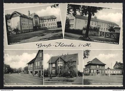 AK Gross-Ilsede i. H., Volksschule, Mittelschule, Gerhardstrasse mit Glückauf-Apotheke, Gemeindeverwaltung