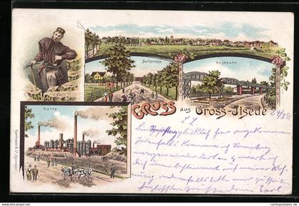 Lithographie Gross-Ilsede, Hütte, Dorfstrasse, Hochbahn, Totalansicht