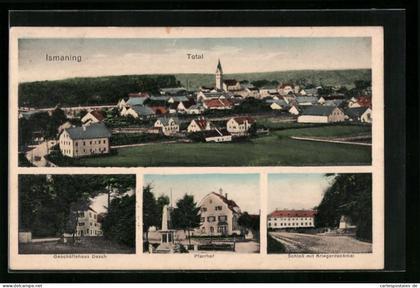 AK Ismaning, Totalansicht, Geschäftshaus Dasch, Schloss mit Kriegerdenkmal