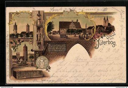 Lithographie Jüterbog, Rathaus mit Kriegerdenkmal, Nicolaikirche, Stadttürme