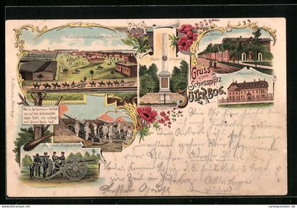 Lithographie Jüterbog, Schiessplatz mit Baracken