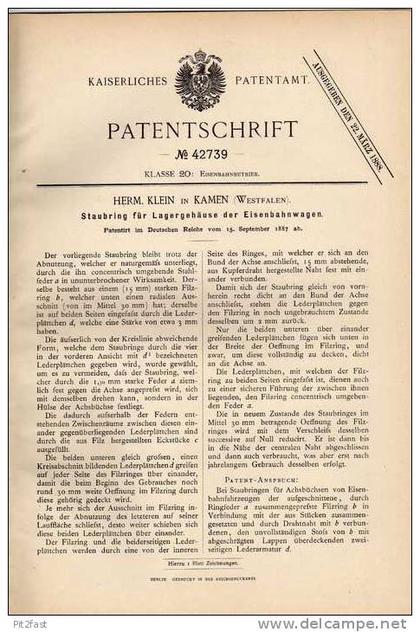 Original Patentschrift - H. Klein in Kamen , 1887 , Lagerung für Eisenbahn !!!