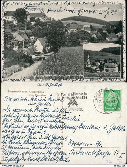 Ansichtskarte Klingenberg (Sachsen) 2 Bild: Kirche, Schule - Stadtpartie 1936