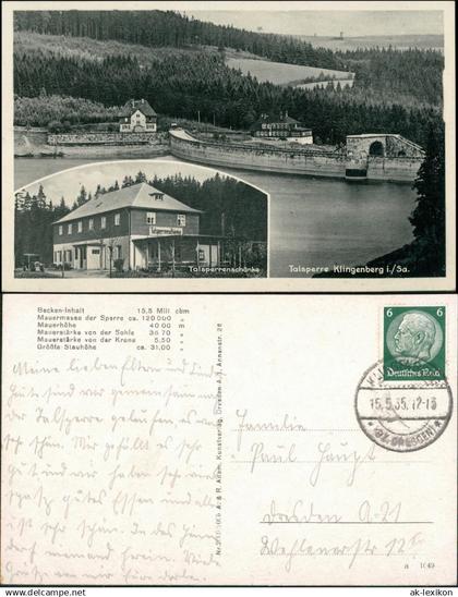 Ansichtskarte Klingenberg (Sachsen) 2 Bild: Talsperre und Schänke 1935