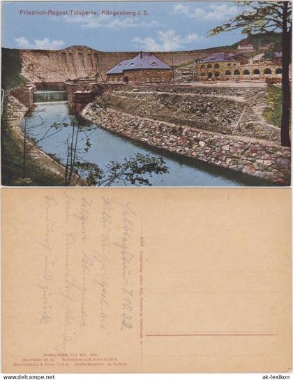 Ansichtskarte Klingenberg (Sachsen) Friedrich-August-Talsperre, 1922
