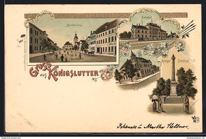 Lithographie Königslutter, Marktplatz, Bahnhof, Krieger-Denkmal, Postamt