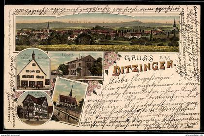 Lithographie Ditzingen, Bahnhof, Rathaus mit Kaiser-Denkmal, Konstanzer Kirche