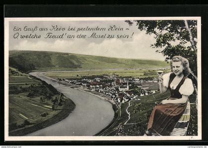 AK Kröv /Mosel, Gesamtansicht und Mädchen mit Weinglas