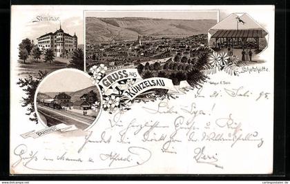 Lithographie Künzelsau, Gesamtansicht, Bahnhof, Seminar und Schutzhütte
