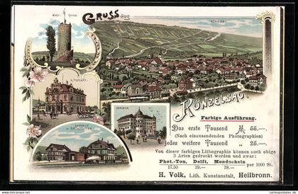 Lithographie Künzelsau, Gesamtansicht, Postamt, Bahnhof und Restauration