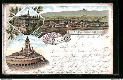 Lithographie Rossla a. Kyffhäuser, Schloss, Kyffhäuser-Denkmal, Totale