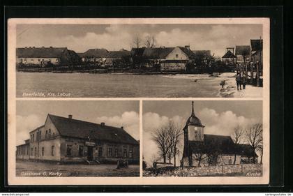 AK Beerfelde /Krs. Lebus, Gasthaus G. Korby, Kirche, Dorfteich
