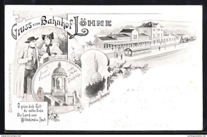 Lithographie Löhne, Bahnhof, Kaiserdenkmal, Hermann-Denkmal