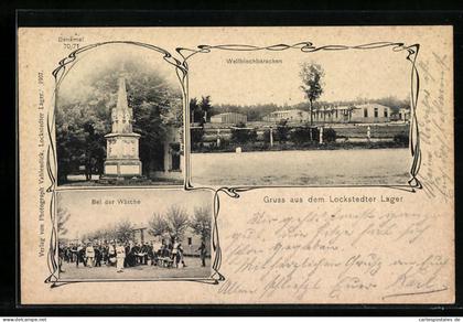 AK Hamburg-Lokstedt, Lockstedter Lager mit Denkmal 70 /71, Wellblechbaracken und Soldaten bei der Wäsche