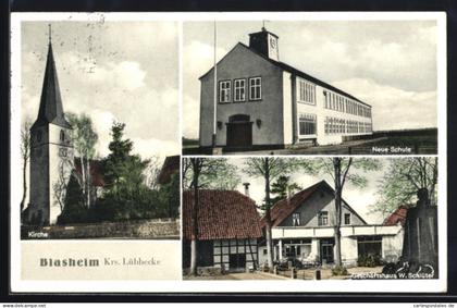 AK Blasheim /Krs. Lübbecke, Geschäftshaus W. Schlüter, Kirche, Neue Schule