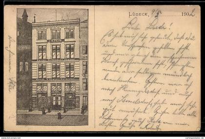 Lithographie Lübeck, Betten- und Herrenmode-Geschäft J. H. Pein